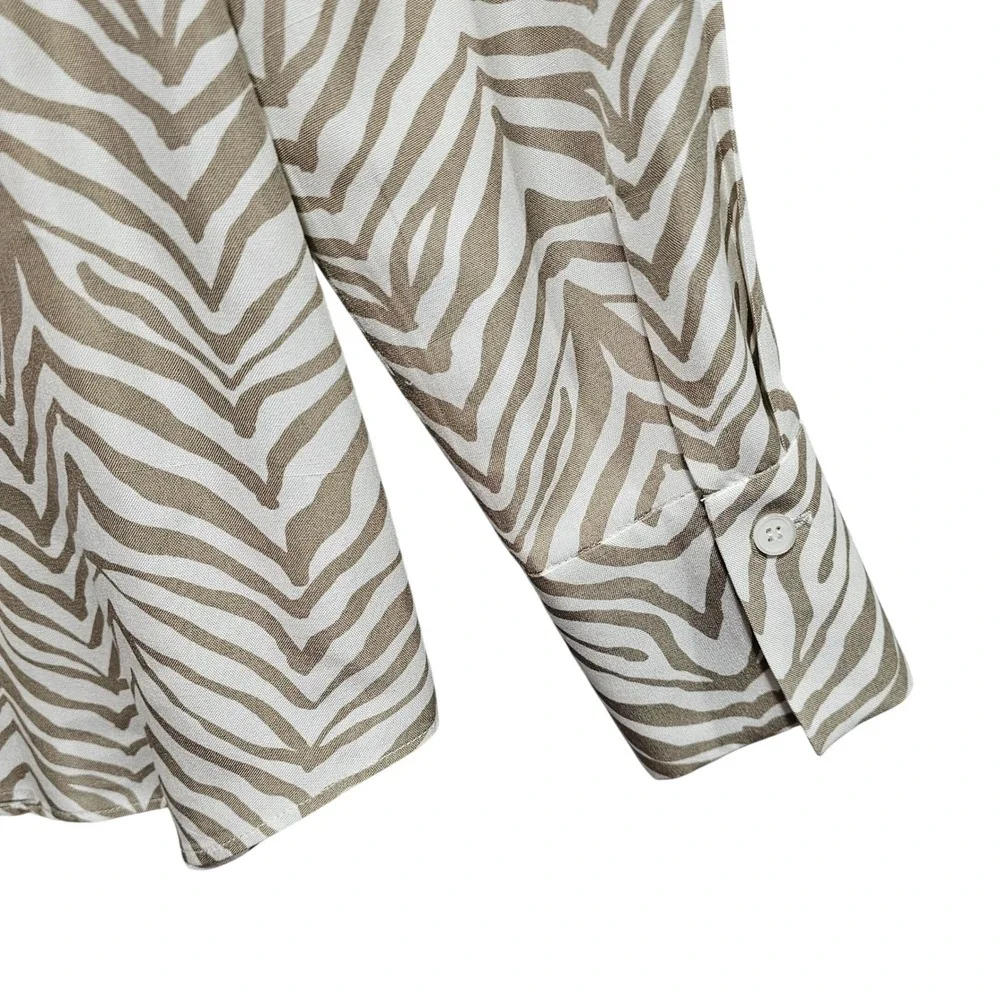 Lafayette 148 - Tan & Cream Zebra Print Button Front Long Sleeves Blouse Size S - Picture 6 of 10